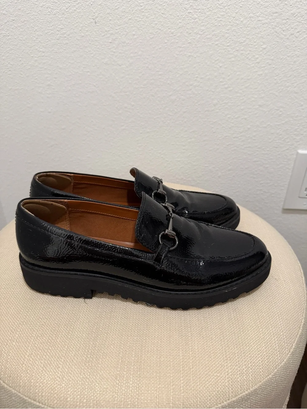 Franco Sarto Black Patent Leather Bit Loafers
